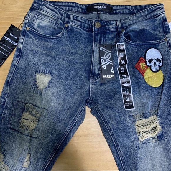 NWT Reason NY Premium Denim Jeans Patchwork Distressed Streetwear Acid Wash 38 - Picture 6 of 9